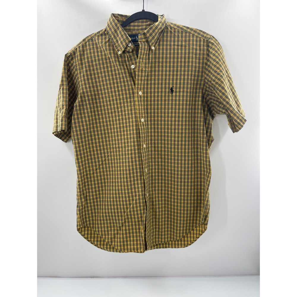 Polo Ralph Lauren Mens Classic Fit Plaid Short Sleeve Button Down Shirt Yellow M